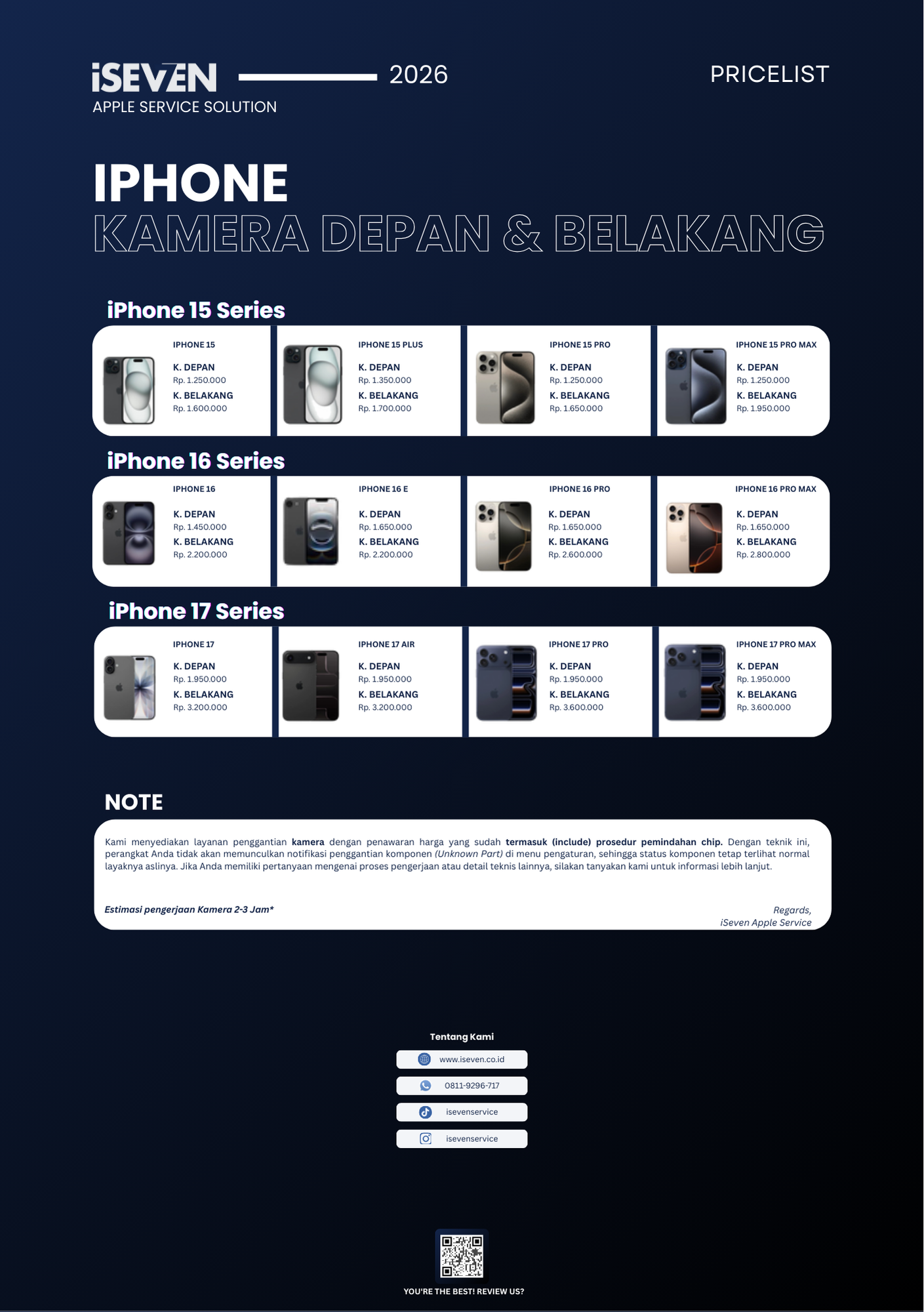 Pricelist Kamera depan dan kamera belakang iPhone 2026